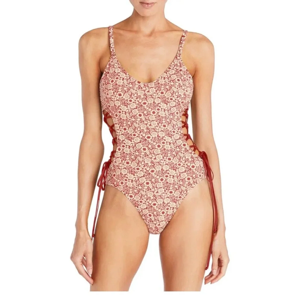 Robin Piccone Marron White Floral Lace Up Side One Piece Swimsuit 220315 Size 2